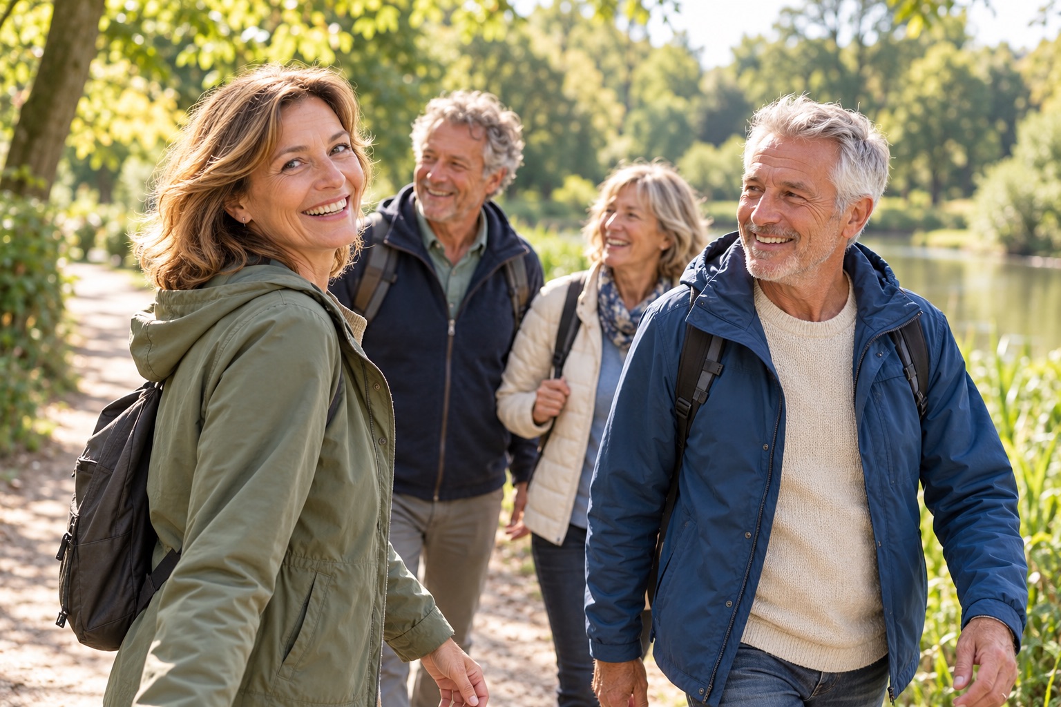 Vier lachende vijftigers wandelen samen door een zonnig park