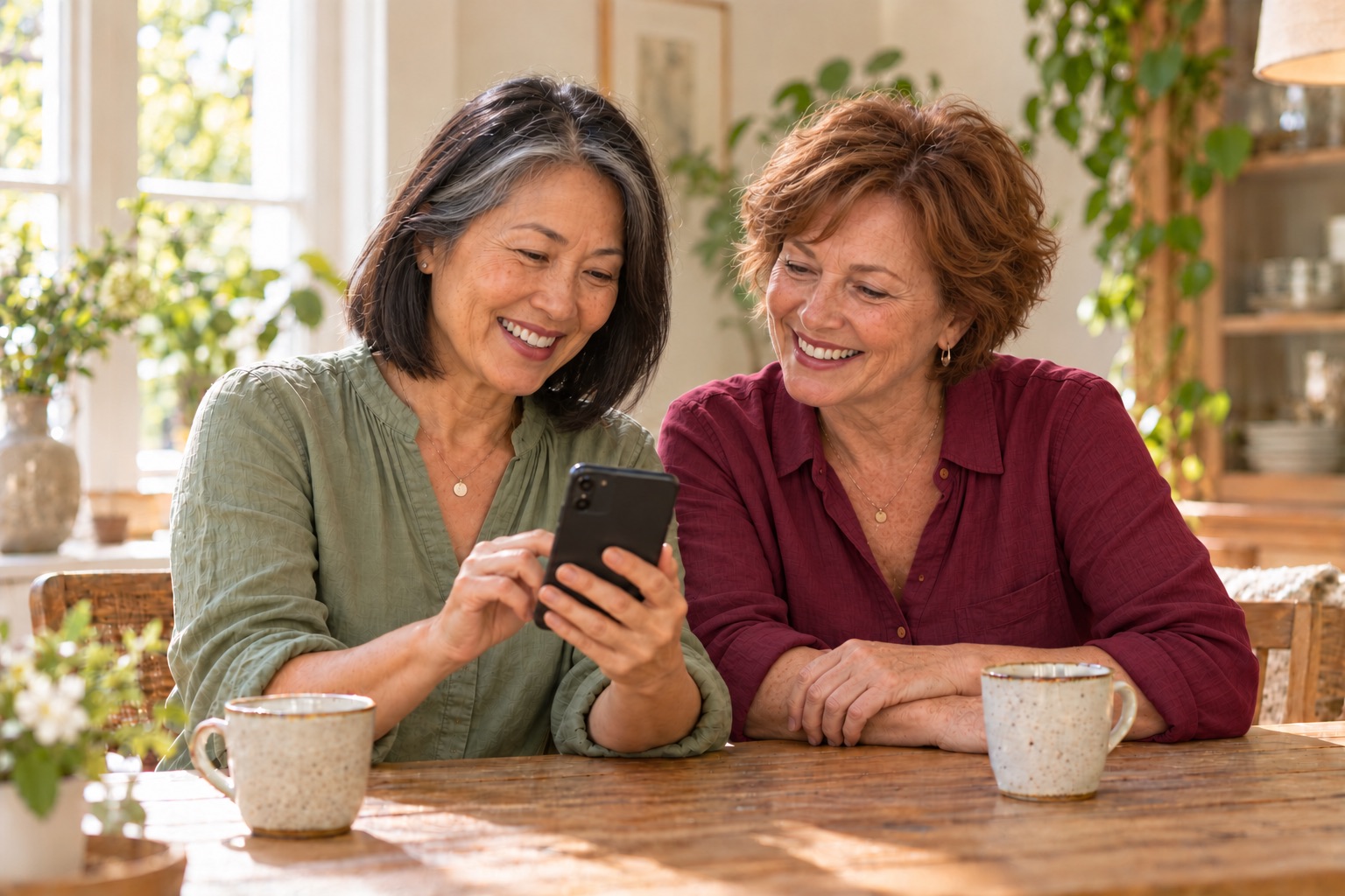 Twee vrouwen kijken lachend samen naar een telefoon aan de keukentafel